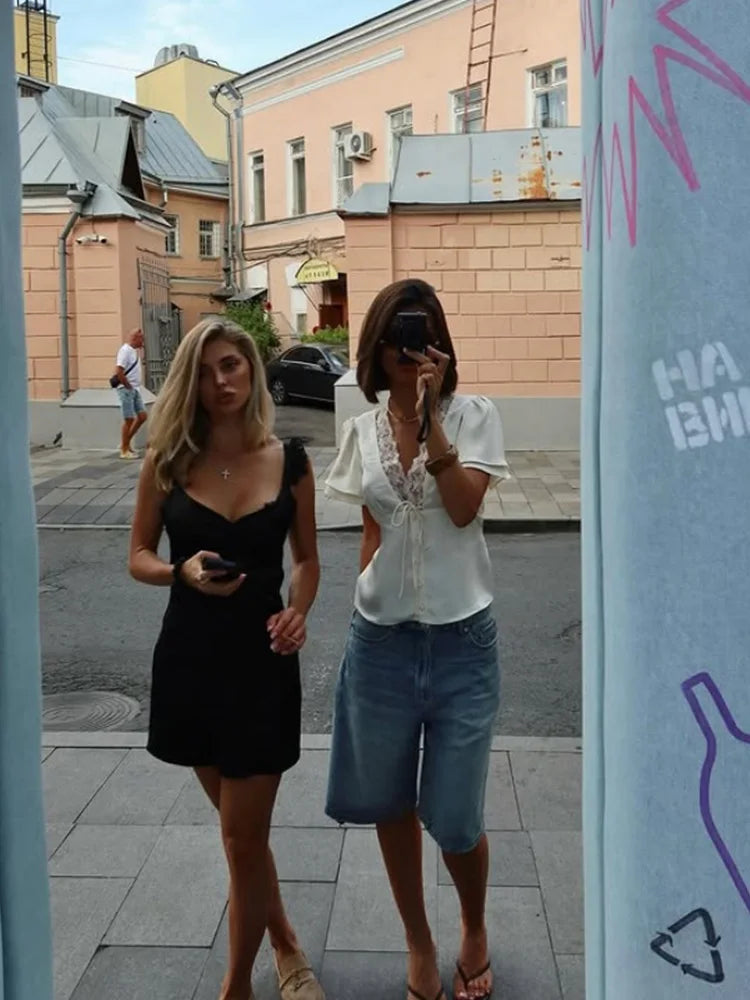 Lace Patchwork Solid Short Sleeve Tops for Women V Neck