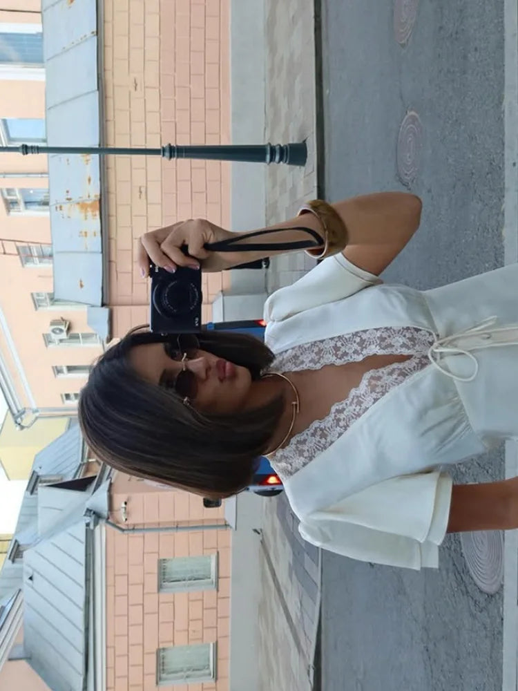 Lace Patchwork Solid Short Sleeve Tops for Women V Neck