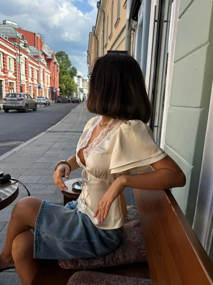 Lace Patchwork Solid Short Sleeve Tops for Women V Neck