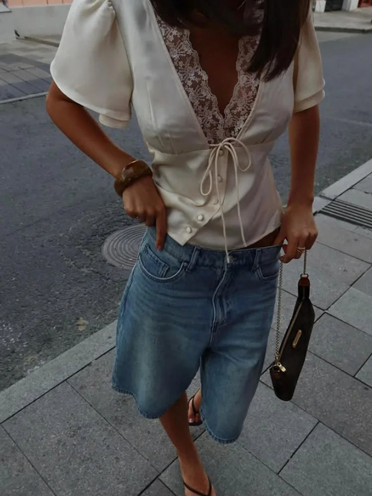 Lace Patchwork Solid Short Sleeve Tops for Women V Neck