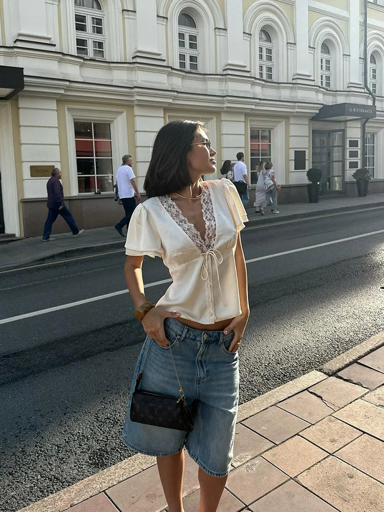 Lace Patchwork Solid Short Sleeve Tops for Women V Neck