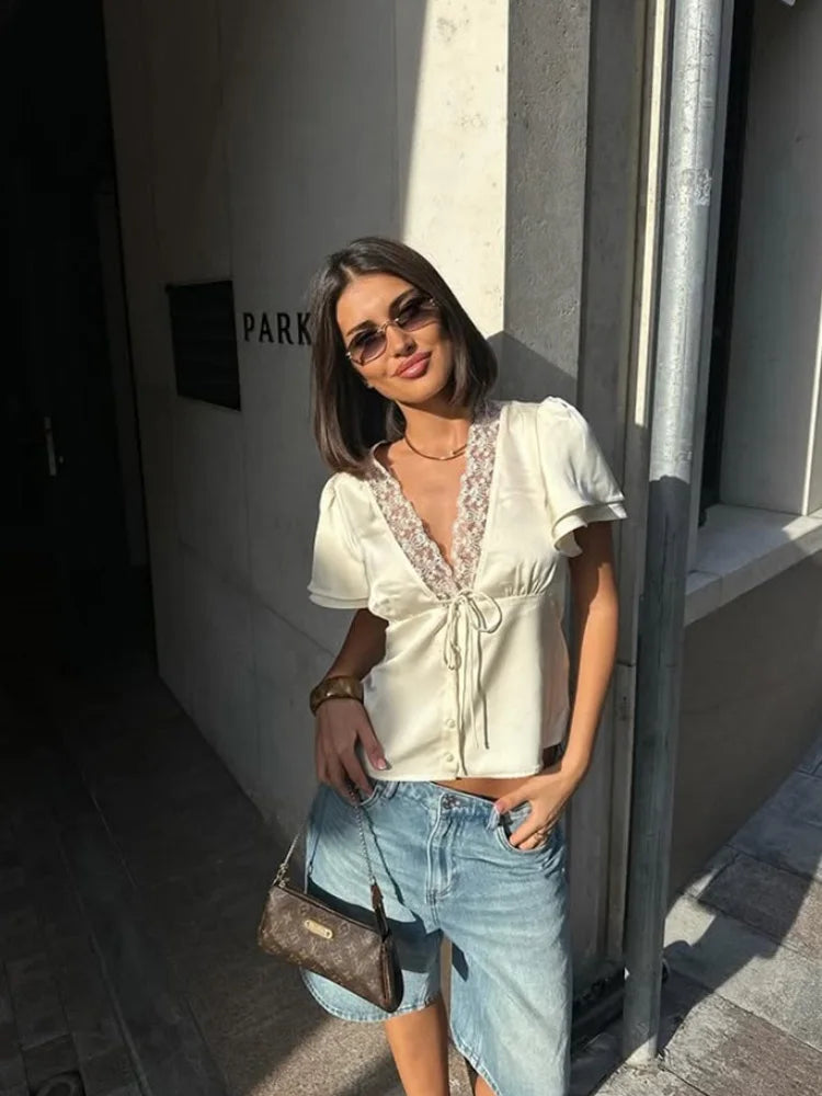 Lace Patchwork Solid Short Sleeve Tops for Women V Neck