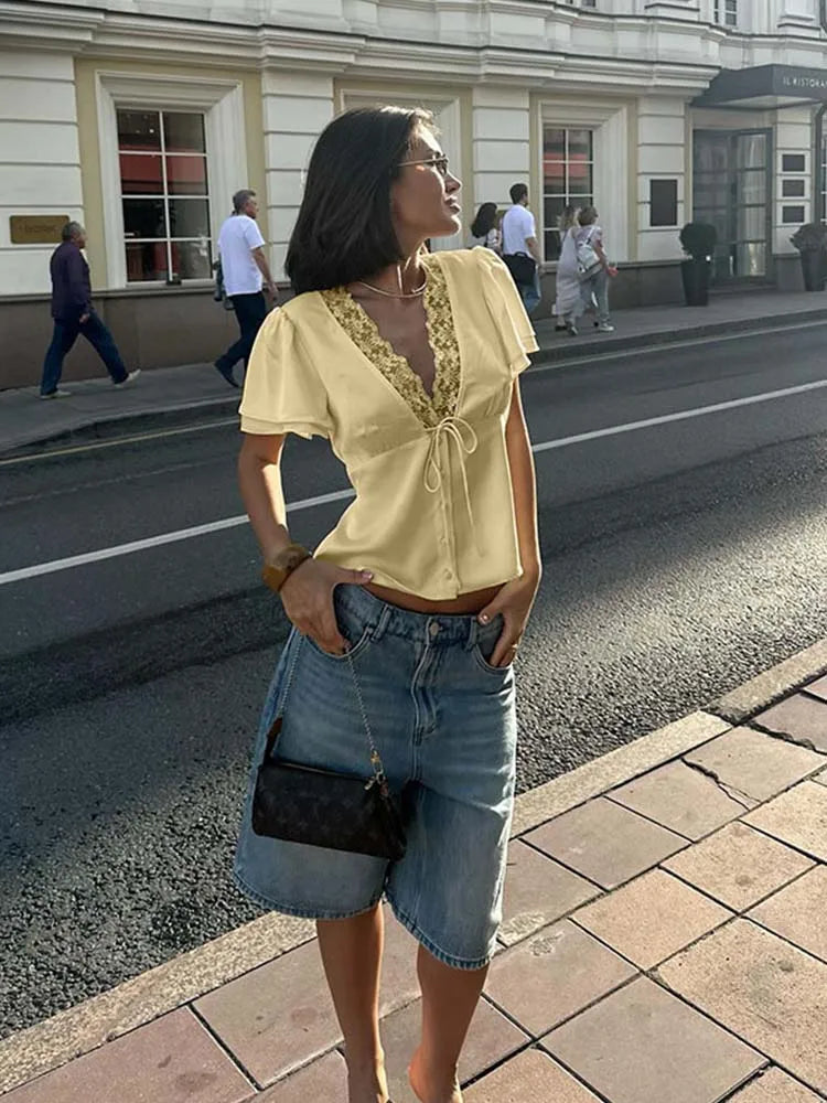 Lace Patchwork Solid Short Sleeve Tops for Women V Neck