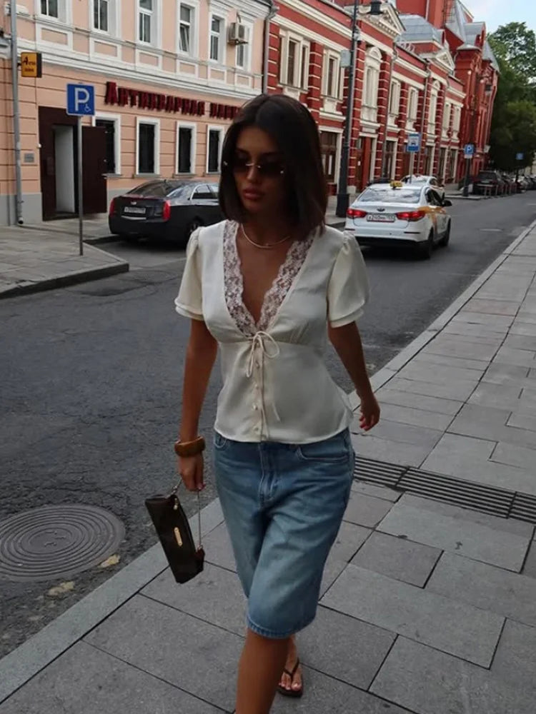 Lace Patchwork Solid Short Sleeve Tops for Women V Neck