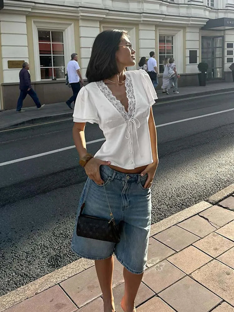 Lace Patchwork Solid Short Sleeve Tops for Women V Neck