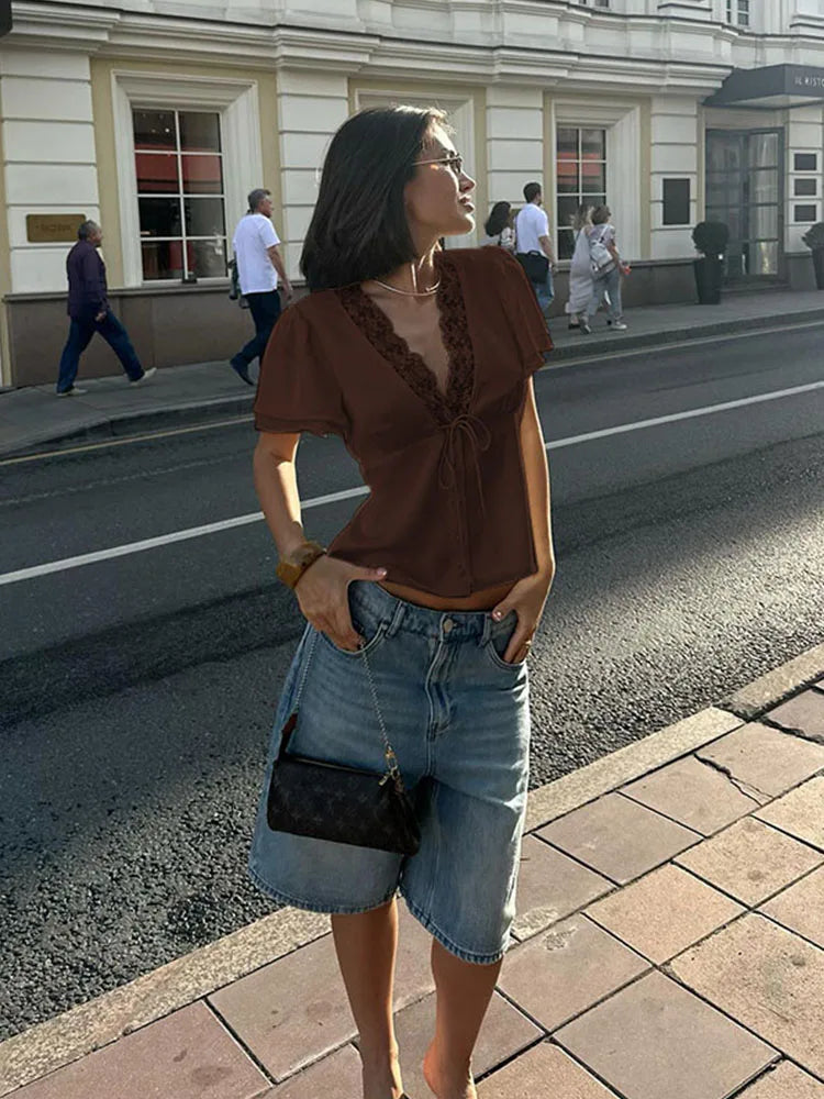 Lace Patchwork Solid Short Sleeve Tops for Women V Neck