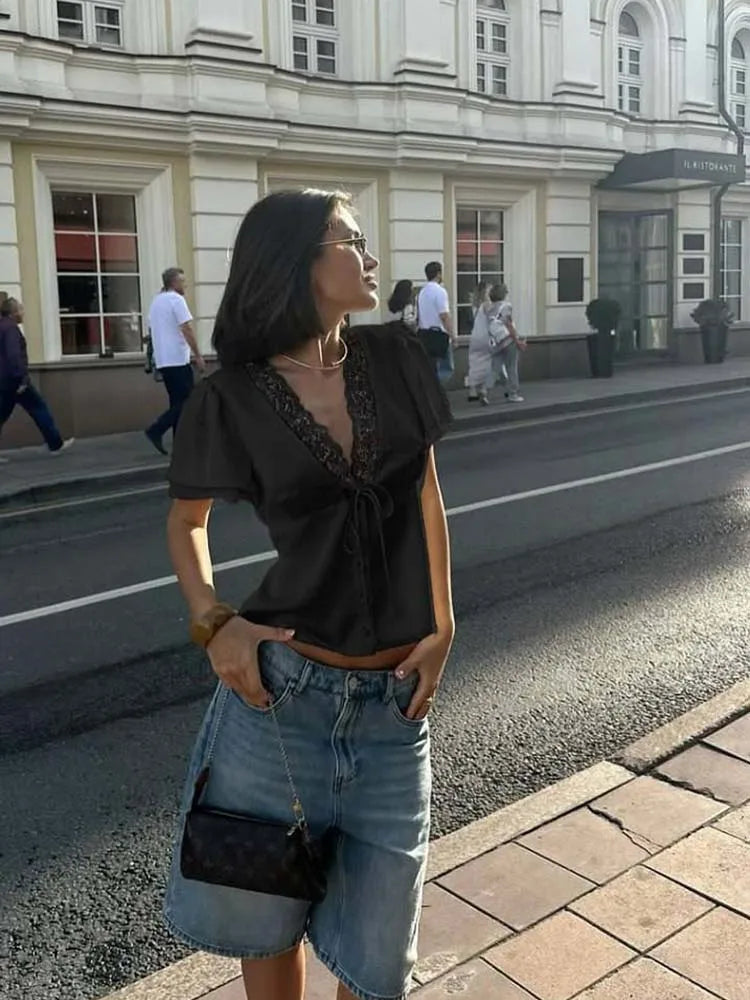 Lace Patchwork Solid Short Sleeve Tops for Women V Neck