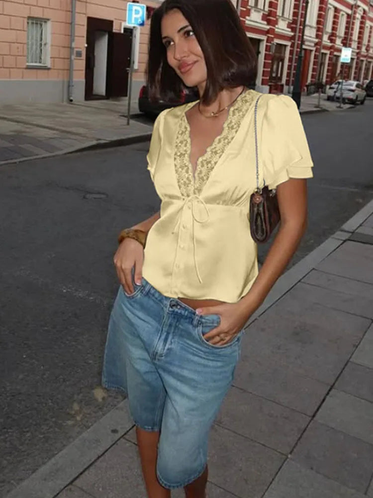 Lace Patchwork Solid Short Sleeve Tops for Women V Neck